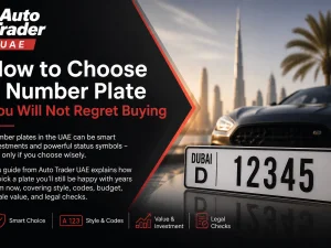 Luxury car in the UAE with a personalised number plate parked in an urban setting