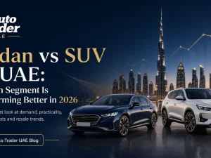 Sedan and SUV parked side by side on a UAE city street at sunset