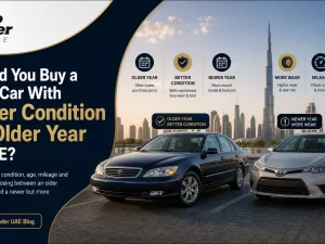 Buyer comparing an older used car in excellent condition with a newer model in average condition in the UAE