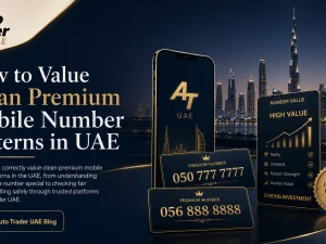 Clean premium mobile number pattern displayed alongside a luxury car in the UAE