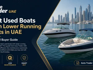 Used family boat cruising in UAE waters with Dubai skyline in background