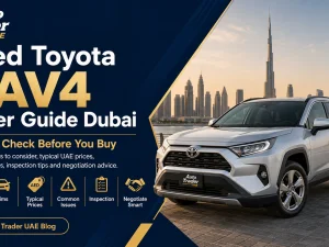Used Toyota RAV4 parked in Dubai with city skyline in the background