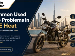 Used sport bike parked in sunny UAE street showing effects of heat on tyres and plastics