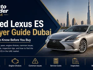 Used Lexus ES sedan parked in Dubai with city skyline in the background
