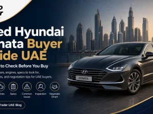 Used Hyundai Sonata sedan in UAE parked in front of city skyline