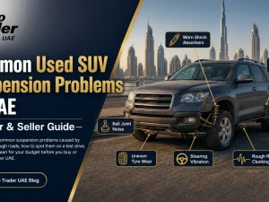 Used SUV driving on a UAE road with focus on suspension and ride height