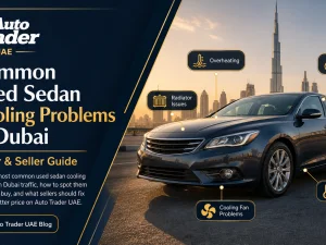 Used sedan stuck in Dubai traffic with focus on engine cooling system