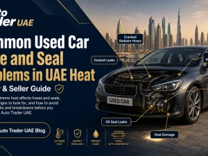 Mechanic inspecting used car radiator hose for heat damage in UAE
