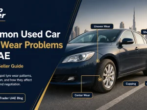 Used car tyre wear inspection in the UAE heat on a city street