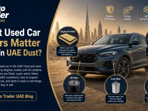 Mechanic inspecting a used car engine air filter for dust in UAE conditions