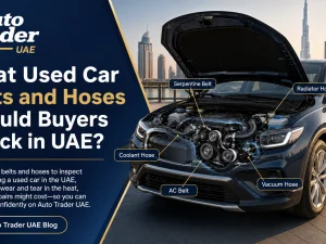 Mechanic inspecting engine belts and hoses on a used car in the UAE