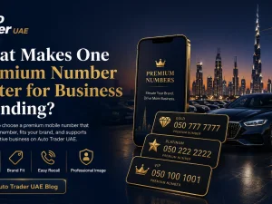 Premium mobile number displayed on a UAE car dealer showroom sign