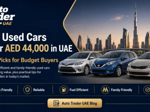 Line-up of popular used cars parked in the UAE, representing best options under AED 44,000