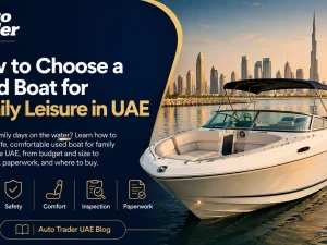 Family enjoying a used leisure boat on coastal waters in the UAE