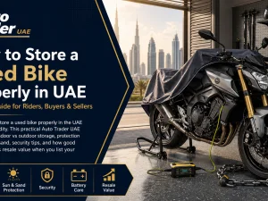Used motorcycle parked in a shaded UAE parking area with a protective cover