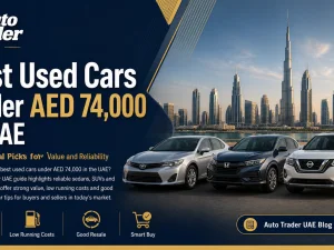 Lineup of popular used sedans and SUVs parked in the UAE under a budget of AED 74,000