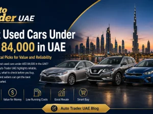 Line-up of popular used cars parked outdoors in the UAE, suitable for buyers with a budget under AED 84,000