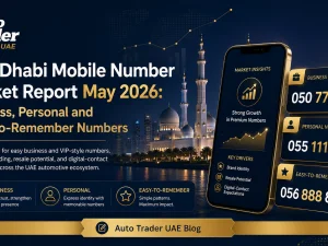 Abu Dhabi skyline with mobile phone and used cars concept