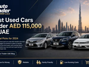 Lineup of popular used sedans and SUVs parked in a UAE city under AED 115,000 budget