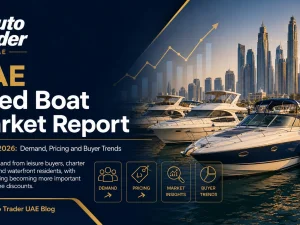 Used leisure boats moored in a UAE marina at sunset