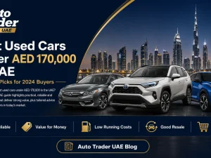Lineup of popular used cars under AED 170,000 parked in a Dubai urban setting