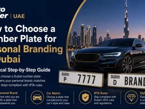 Dubai luxury car with personalised number plate parked in front of modern skyline