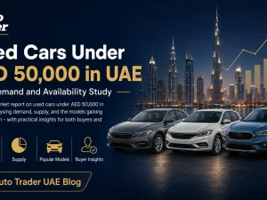 Used cars under AED 50,000 parked in a UAE urban setting