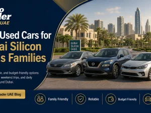 Family-friendly used SUV parked in a modern Dubai residential community