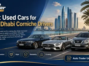 Used cars parked along Abu Dhabi Corniche at sunset
