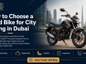 Used commuter motorcycle parked in Dubai city street