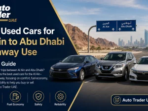 Used mid-size sedan driving on Al Ain to Abu Dhabi highway in UAE