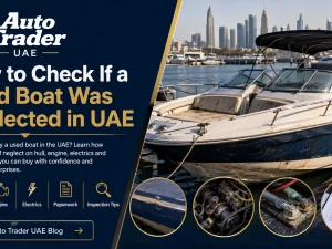 Used boat moored at a UAE marina being inspected for signs of neglect