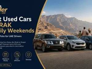Family SUV driving on highway towards Ras Al Khaimah mountains in the UAE