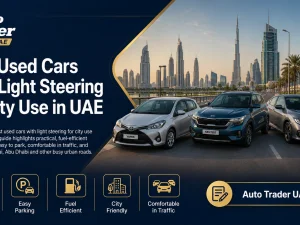 Compact used city car with light steering parked in a UAE urban street