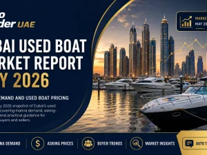 Used motor yacht moored in Dubai Marina at sunset, representing Dubai used boat market May 2026