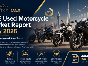 Used motorcycles parked in a UAE urban setting, representing the May 2026 UAE used motorcycle market