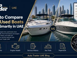 Used boats moored at a UAE marina being inspected and compared by buyers