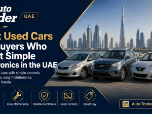 Used compact sedan with simple dashboard controls parked in the UAE