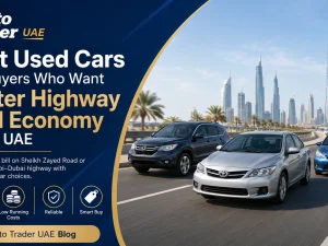 Used fuel-efficient sedan driving on a UAE highway