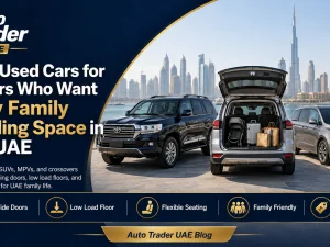 Used family SUV with wide open tailgate and folded rear seats for easy loading in the UAE
