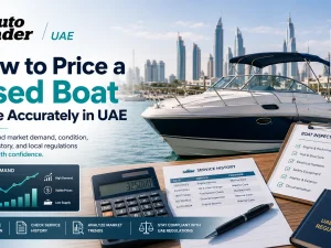 Used boat moored at a UAE marina at sunset, illustrating accurate pricing considerations