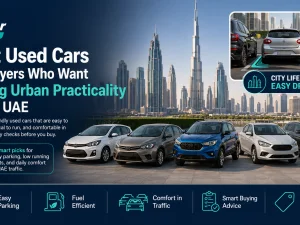 Compact used city car parked in a UAE urban setting