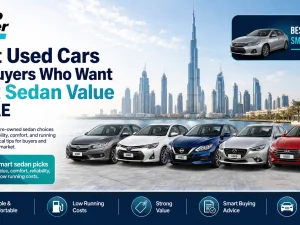 Line-up of popular used sedans parked in a UAE cityscape at sunset