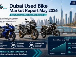 Used sport and touring motorcycles parked in Dubai during May 2026