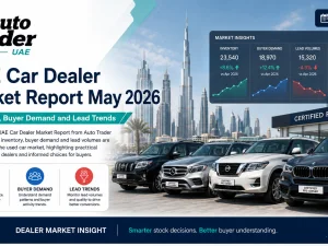 Used car dealership lot in the UAE with rows of SUVs and sedans at sunset