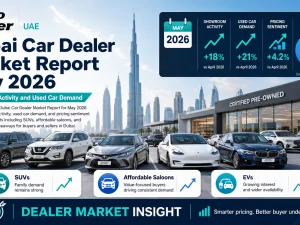 Used car showrooms in Dubai with SUVs and saloons on display, May 2026 market activity