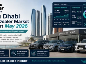 Abu Dhabi car dealer showroom with used SUVs and sedans in May 2026