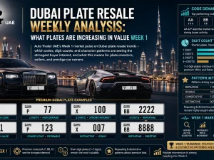 Dubai number plates displayed on luxury cars in a parking area