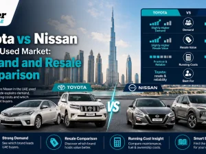 Toyota and Nissan SUVs and sedans parked side by side in the UAE used car market