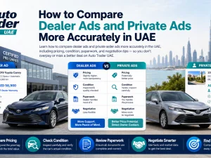Buyer comparing UAE dealer and private car ads on a laptop